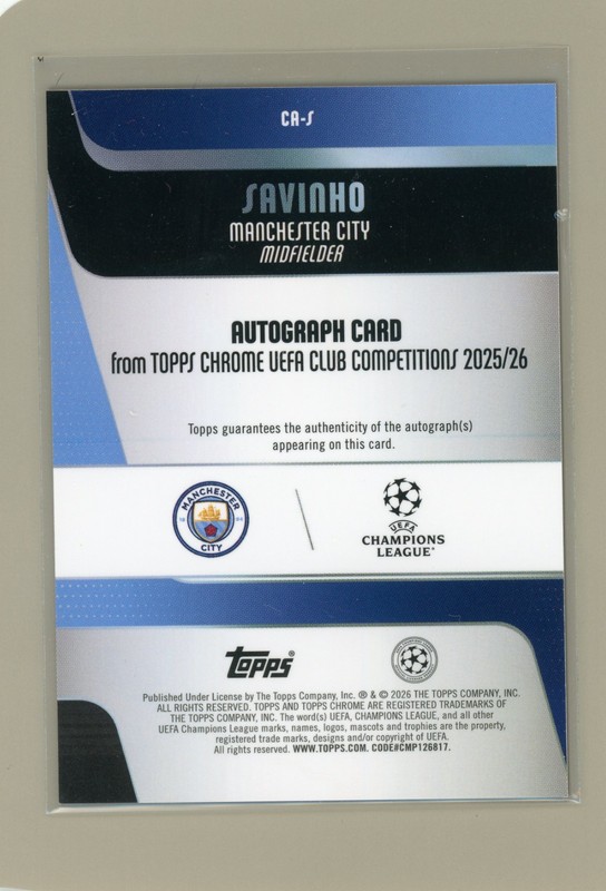 25/26 Topps Chrome UEFA Savinho Blue Refractor Auto /150 Man City view 2