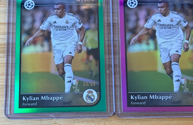 2024-25 Topps Merlin UEFA Kylian Mbappe Green Refractor /99 + Pink /199 view 2