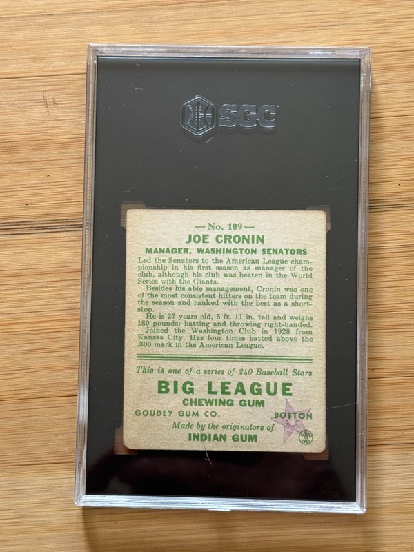 1933 GOUDEY #109 JOE CRONIN SGC 2 WASHINGTON SENATORS HOF view 2