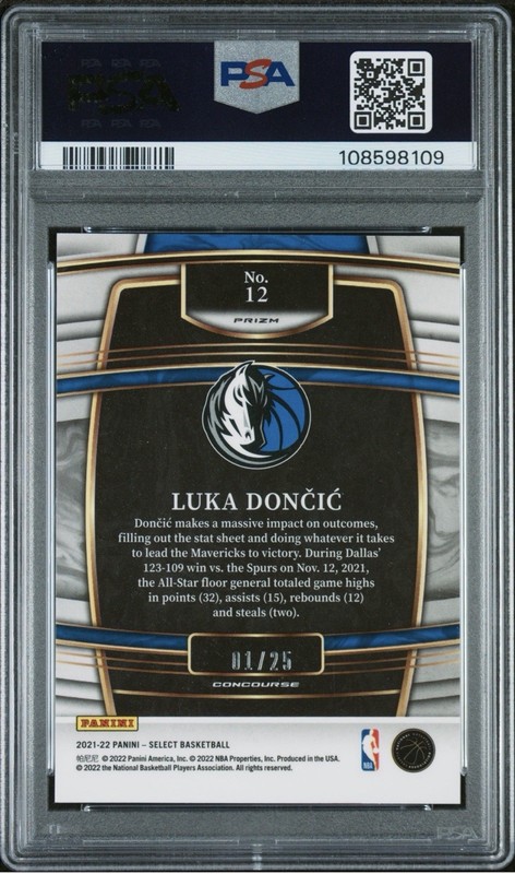 2021 SELECT - DISCO BLUE PRIZM - LUKA DONCIC 1/25 PSA 9 *Color Match, Bookend* view 2