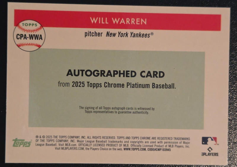 2025 Topps Chrome Platinum Gold Refractor /50 Rookie Auto #CPA-WWA - Will Warren view 2