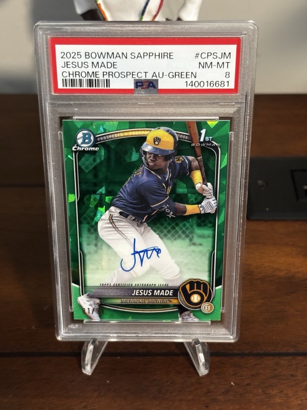 2025 Jesus Made 1st Bowman Chrome Auto Green Sapphire /99 PSA 8 Brewers