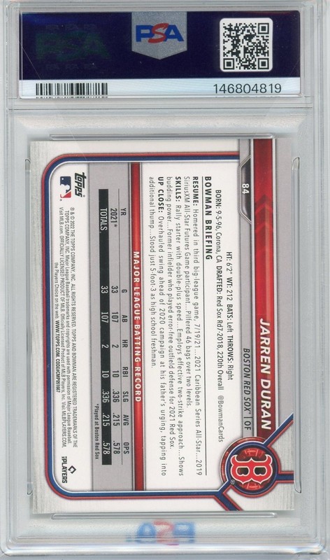 2022 Bowman Jarren Duran #84 RC PSA 10... view 2