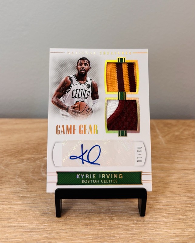 2017 National Treasures Kyrie Irving Game Gear Gold Patch Auto /10 SSP Game Used