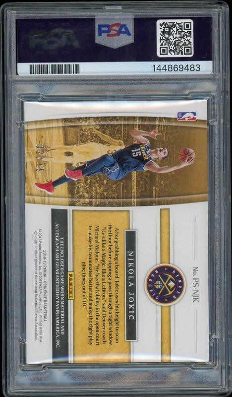 2018 Panini Opulence Precious Swatch Signature Auto /79 Nikola Jokic PSA 8 NM-MT view 2