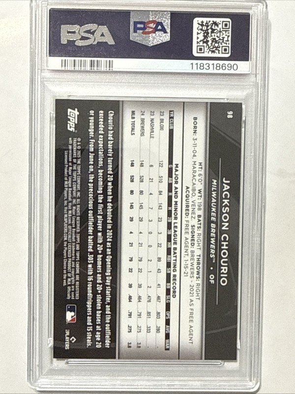 JACKSON CHOURIO 2025 Topps Chrome Black Green Wave Refractor /99 PSA 10 GEM view 2