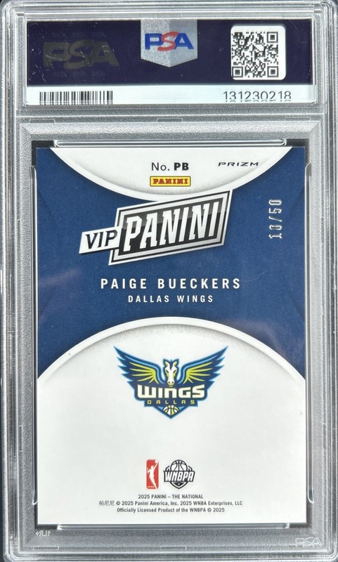 2025 Panini NSCC VIP Gold Paige Bueckers RC Purple Sparkle 10/50 PSA 9 Dallas view 2