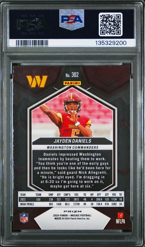 JAYDEN DANIELS | Reactive Blue Prizm Rookie Card | 2024 Panini Mosaic | PSA 9 view 2