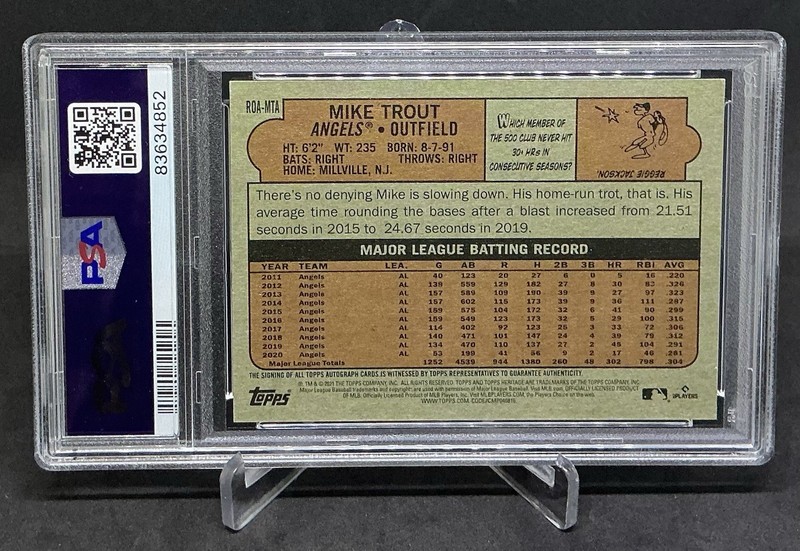 2021 TOPPS HERITAGE REAL ONE AUTOS #MTA MIKE TROUT PSA 9 AUTO view 2