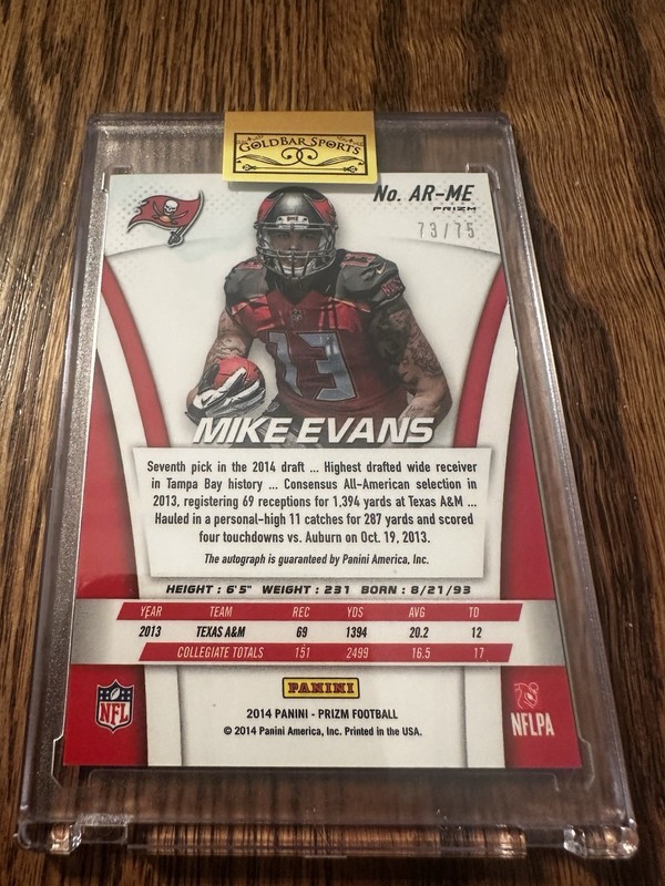 2014 Panini Prizm Mike Evans Auto Gold (logo) RC /75 view 2