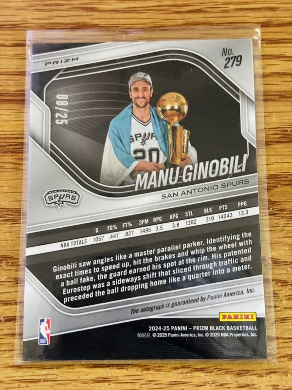 Manu Ginobili 2024-25 Prizm Black #279 Legends Blue Shimmer FOTL AUTO/25 Spurs view 2