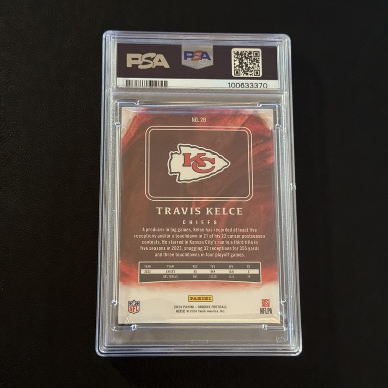 2024 PANINI ORIGINS ORANGE #28 TRAVIS KELCE 104/125 PSA 8 view 2