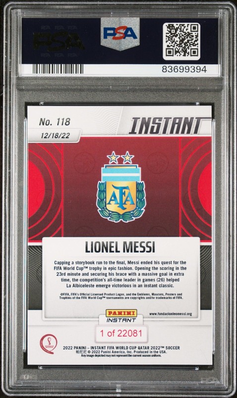 2022 Panini Instant FIFA World Cup Qatar #118 Lionel Messi PSA AUTHENTIC AUTO view 2