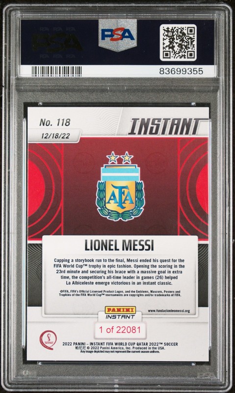 2022 Panini Instant FIFA World Cup Qatar #118 Lionel Messi PSA AUTHENTIC AUTO view 2