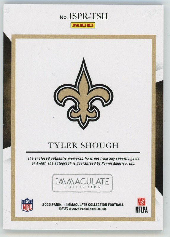 2025 Immaculate Tyler Shough Signature Patches RPA Auto /99 Saints RC view 2