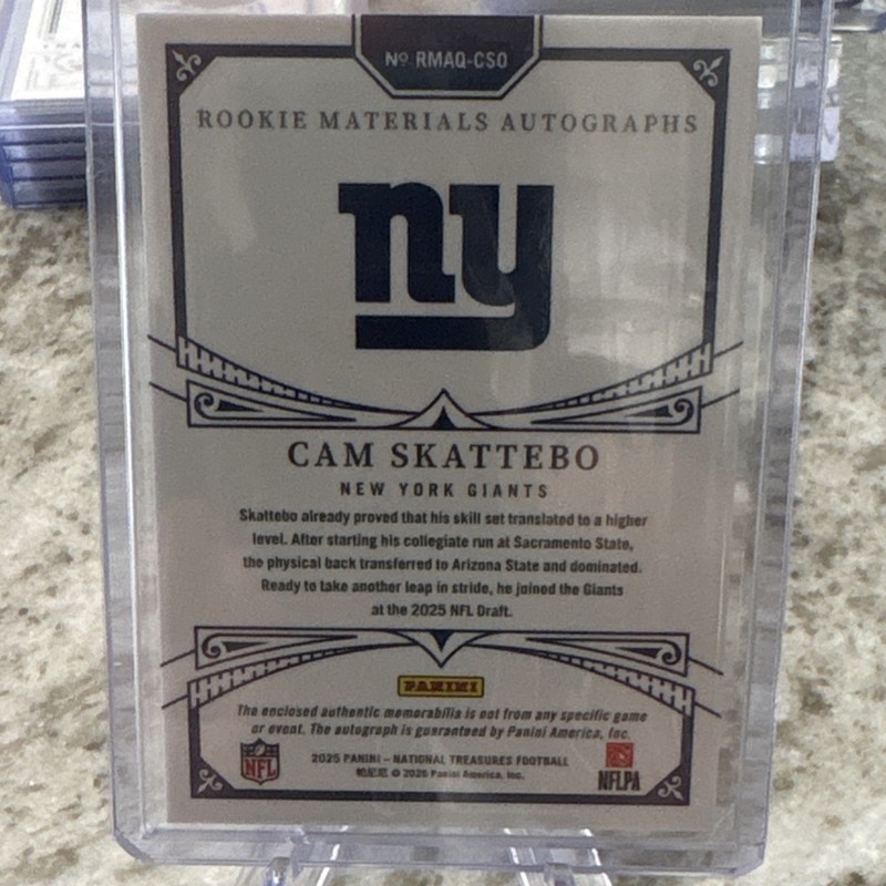Panini 2025 National Treasures Collegiate Cam Skattebo Quad Patch RC Auto /99 view 2