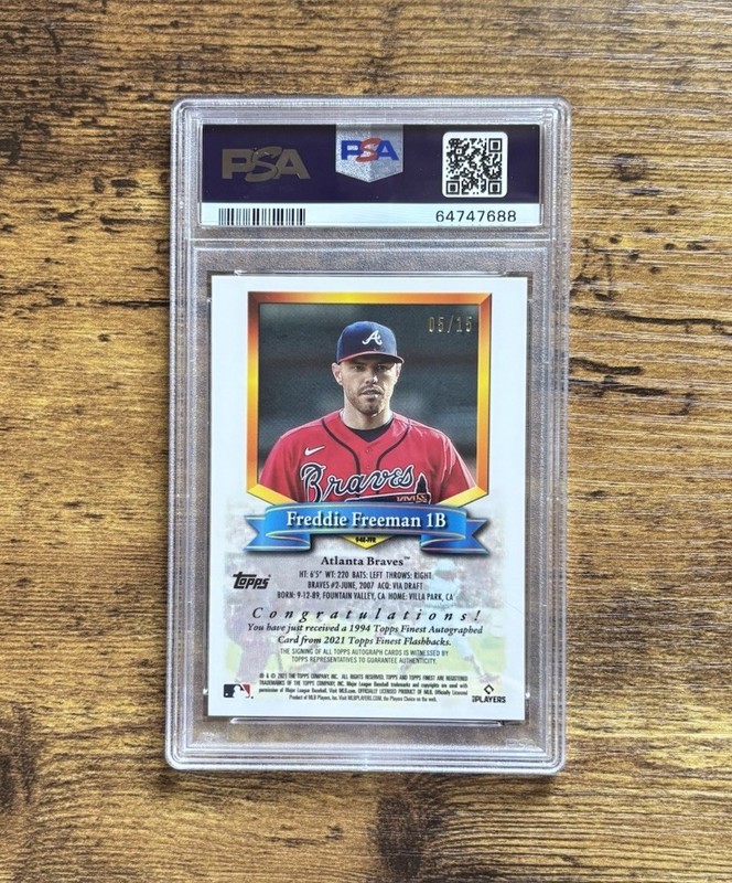 2021 Topps Finest Flashbacks Freddie Freeman Gold Refractor Auto # 5/15 PSA 9 view 2