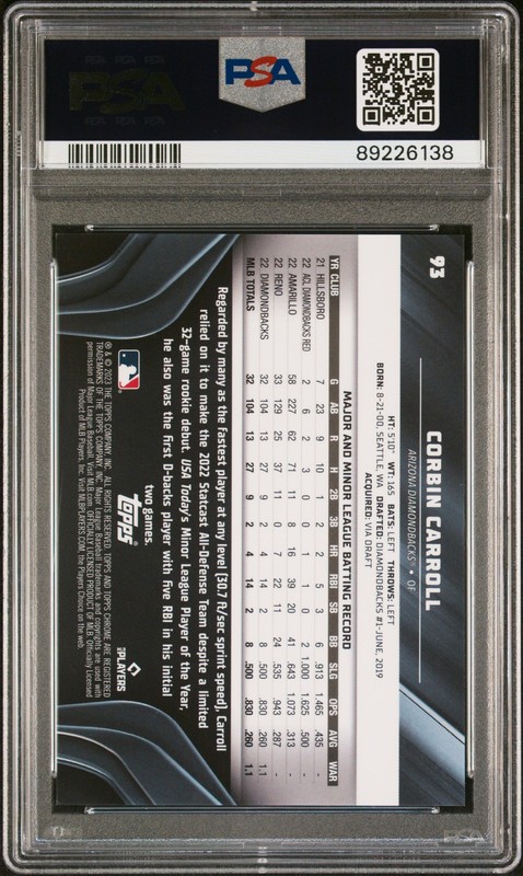 Corbin Carroll 2023 Topps Chrome Black Refractor #93 PSA 10 Arizona Diamondbacks view 2