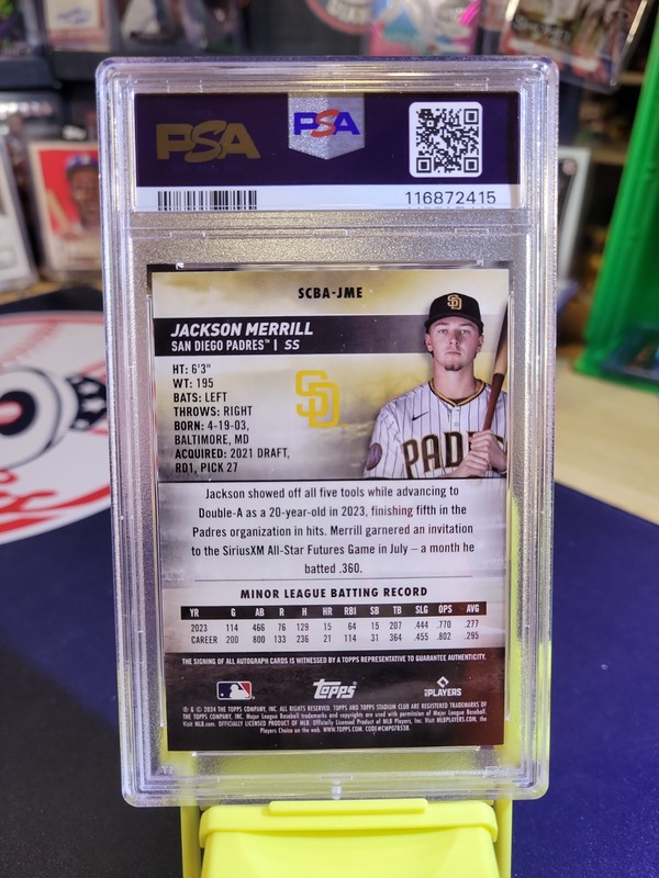 Topps 2024 Stadium Club Jackson Merrill Padres RC Auto SCBA-JME PSA-8 view 2