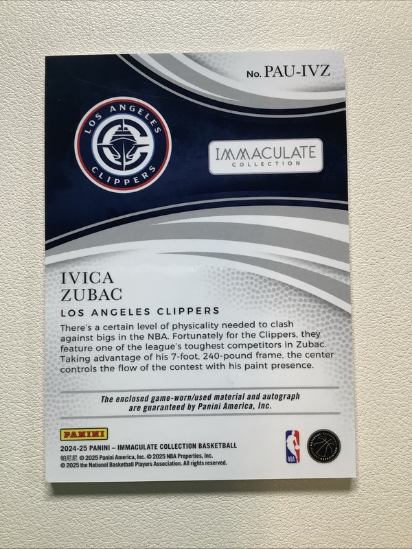 2024 Immaculate Collection Ivica Zubac Patch Auto /75 Clippers view 2