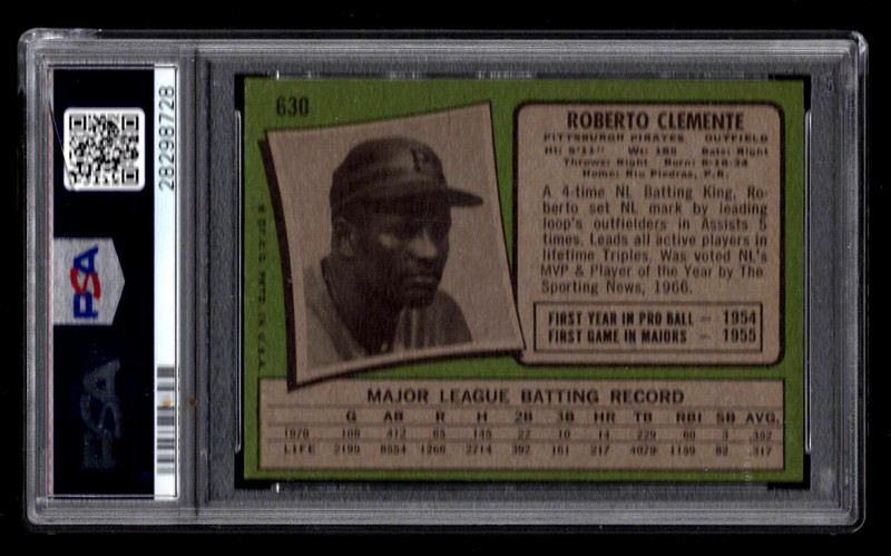 ROBERTO CLEMENTE 1971 TOPPS BASEBALL CARD #630 PSA GRADED 6.5 EX-MT+ HOF view 2