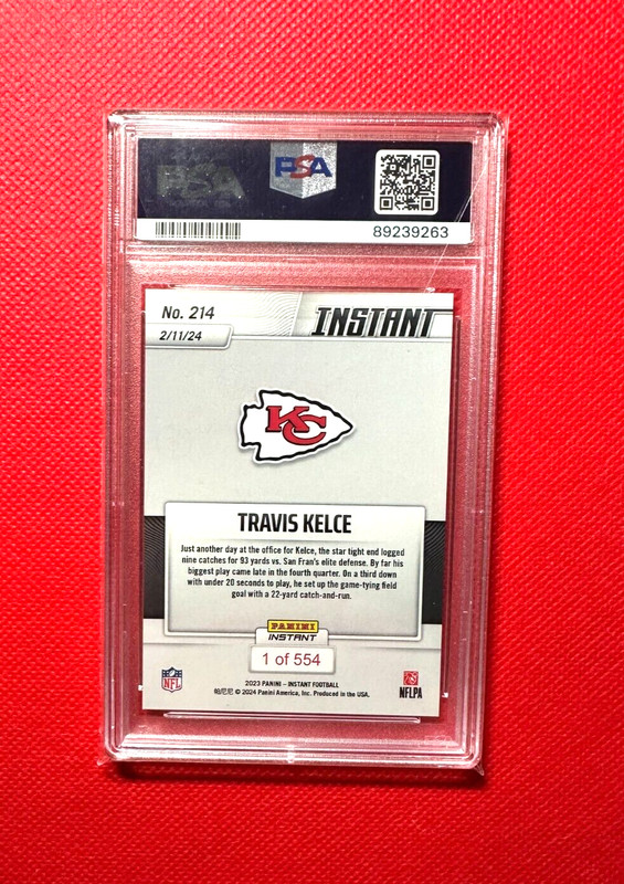 Travis Kelce PSA 9 2023 Panini INSTANT Chiefs 3RD SUPER BOWL NFL LOW POP #214 view 2