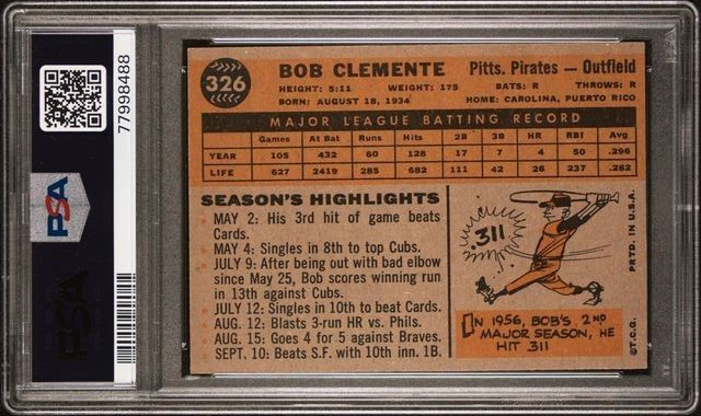 1960 Topps Baseball Bob Clemente PSA 5 EX Pittsburgh Pirates Card #326    cc23 view 2
