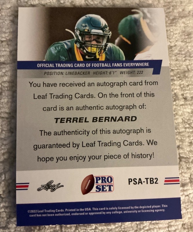 2022 Leaf Pro Set Terrell Bernard Prospect Auto Autograph #PSA-TB2 Buffalo Bills view 2