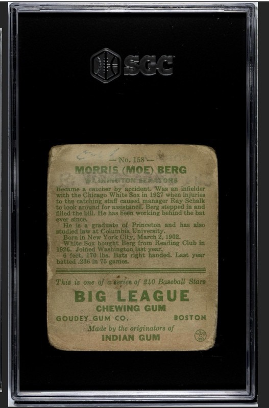 1933 Goudey Set Break Moe Berg #158 SGC 1 Senators White Sox Red Sox view 2
