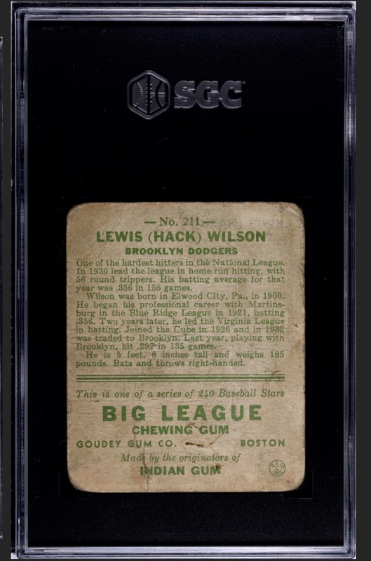 1933 Goudey Set Break Hack Wilson #211 SGC 1 HOF Giants Chicago Cubs Dodgers view 2