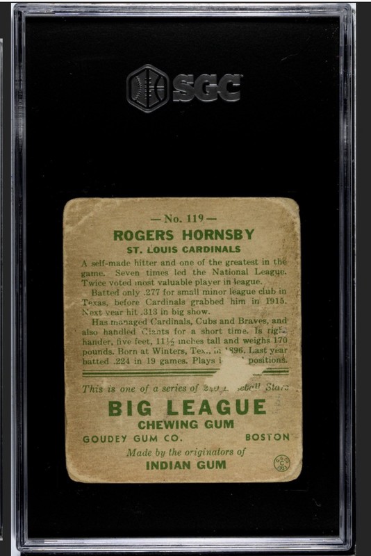 1933 Goudey Set Break Rogers Hornsby #119 SGC 1 HOF Giants Cubs Cardinals Braves view 2