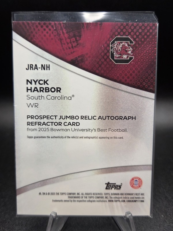 2025 Bowman University Best Nyck Harbor Jumbo Game-Used Relic Auto #JRA-NH view 2