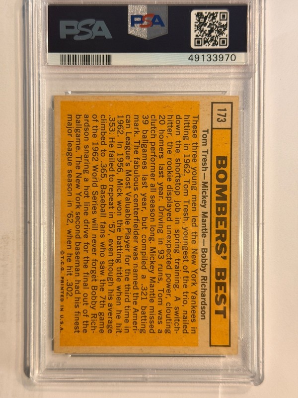 1963 Topps Bombers' Best #173 Mickey Mantle-Tresh-Richardson PSA 6 EX-MT view 2