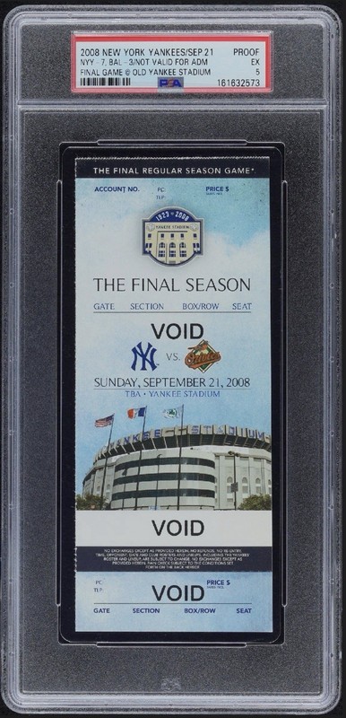 New York Yankees 9/21/2008 Final Game Ticket Proof Void PSA 5 Pop 1