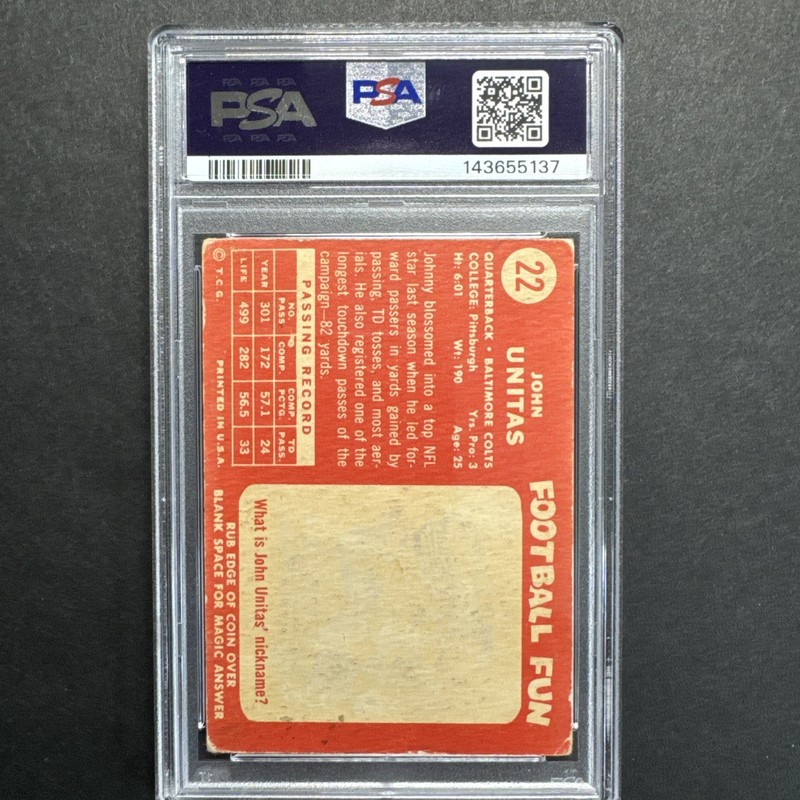 1958 TOPPS #22 JOHN UNITAS PSA 3 COLTS HOF view 2