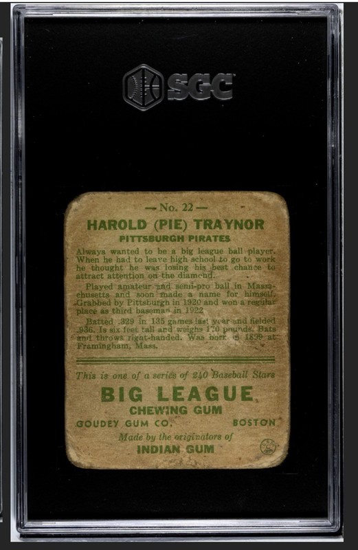 1933 Goudey Set Break Pie Traynor #22 SGC 1 HOF Pittsburgh Pirates view 2