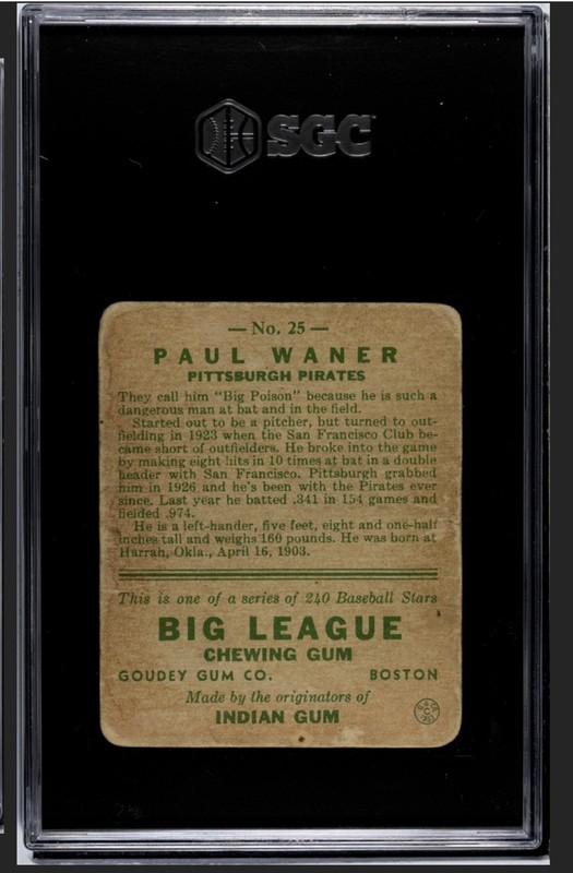 1933 Goudey Set Break Paul Waner #25 SGC 1 HOF Braves Dodgers Pirates Yankees view 2