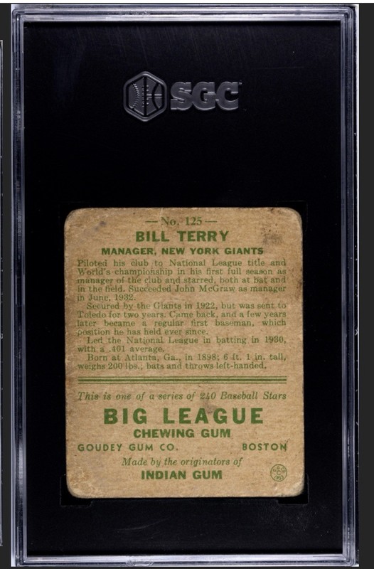 1933 Goudey Set Break Bill Terry #125 SGC 1 HOF New York Giants view 2