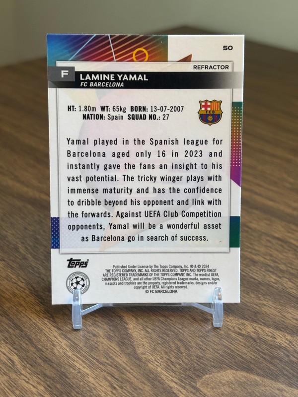 Lamine Yamal 2023 2023-24 Topps Finest UEFA UCC #50 Silver Refractor Rookie RC view 2