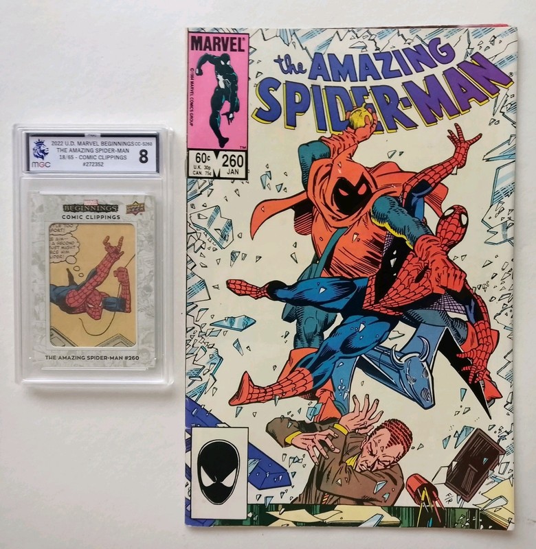 2022 MARVEL BEGINNINGS COMIC CLIPPINGS 18/65 SPIDER MAN WITH COMIC MGC GRADED 8