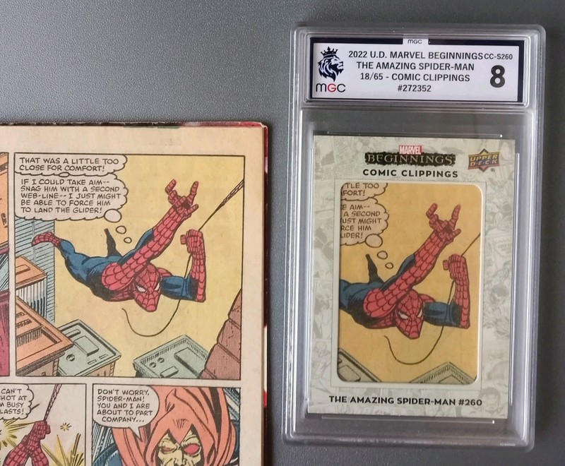 2022 MARVEL BEGINNINGS COMIC CLIPPINGS 18/65 SPIDER MAN WITH COMIC MGC GRADED 8 view 2