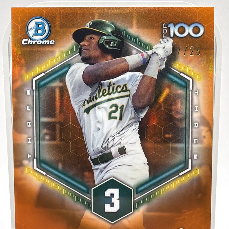 2026 Bowman Chrome Leo De Vries Top 100 Orange Refractor 17/25 #BTP-3 view 2