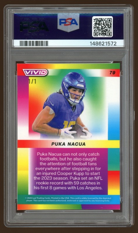 Puka Nacua 2024 Leaf Vivid Super Gold Vinyl 1/1 #79 Superfractor PSA 8 POP 1 view 2