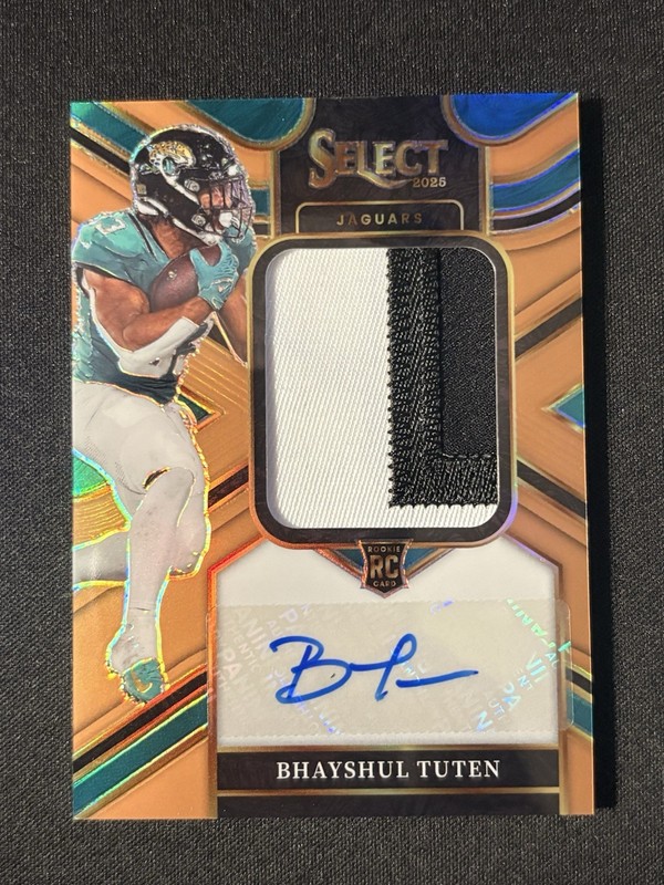 2025 Panini Select Bhayshul Tuten RC Bronze Prizm Patch Auto /49 🔥 Jaguars