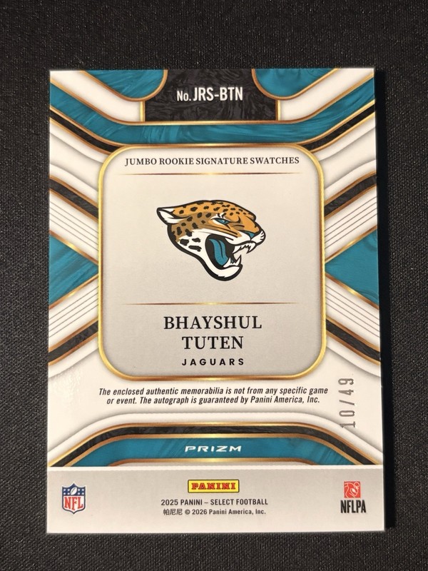 2025 Panini Select Bhayshul Tuten RC Bronze Prizm Patch Auto /49 🔥 Jaguars view 2