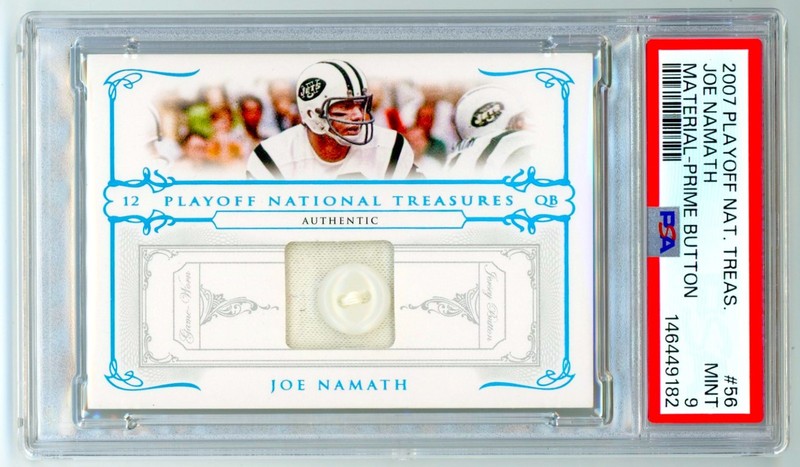 2007 National Treasures Joe Namath Game Used Worn Button Patch 2/5 PSA 9 POP 1/1