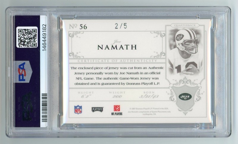 2007 National Treasures Joe Namath Game Used Worn Button Patch 2/5 PSA 9 POP 1/1 view 2