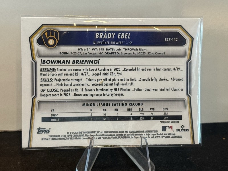 2026 Bowman Chrome Brady Ebel Purple /250 BCP-142 view 2