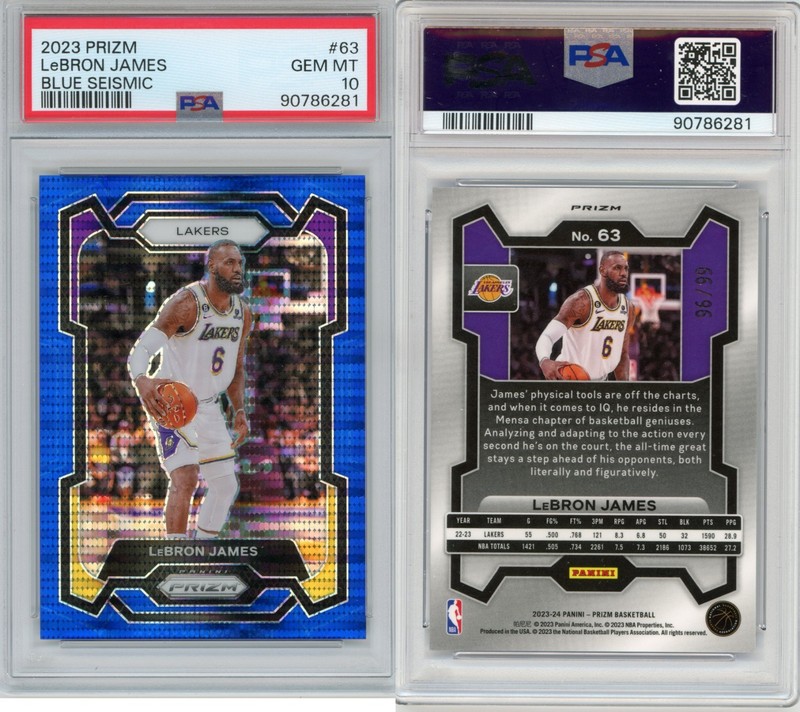 2023-24 Panini Prizm - LeBron James #63 Blue Seismic Prizm /99 | PSA 10 view 2