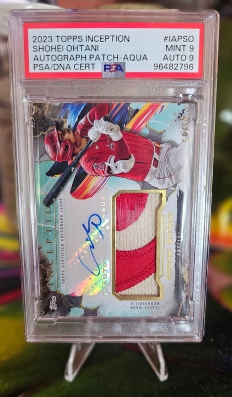 50/50 BOOKEND CHASE 2023 Topps Inception Shohei Ohtani Patch Auto Aqua PSA 
